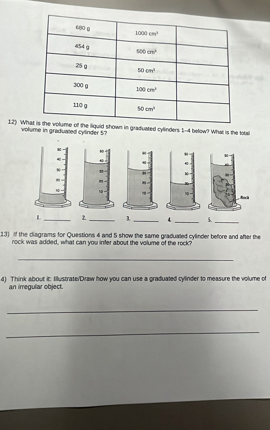 Whuid shown in graduated cylinders 1-4 below? What is the total
volume in graduated cylinder 5?
1._
2._
3._
_4
5._
13) If the diagrams for Questions 4 and 5 show the same graduated cylinder before and after the
rock was added, what can you infer about the volume of the rock?
_
4) Think about it: Illustrate/Draw how you can use a graduated cylinder to measure the volume of
an irregular object.
_
_