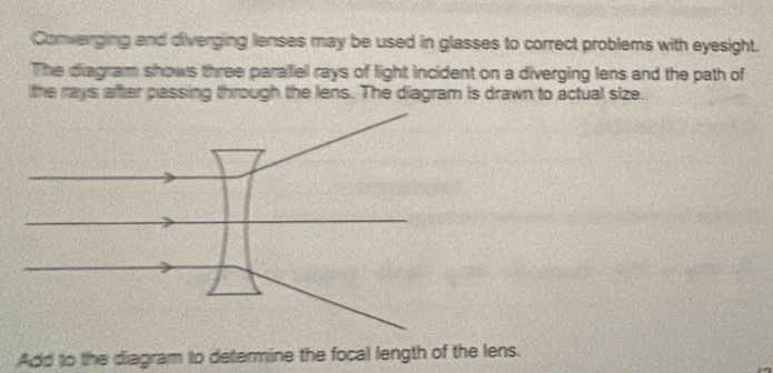 Conwerging and diverging lenses may be used in glasses to correct problems with eyesight. 
The diagram shows three paralfel rays of light incident on a diverging lens and the path of 
the rays after passing through the lens. The diagram is drawn to actual size. 
Add to the diagram to determine the focal length of the lens.