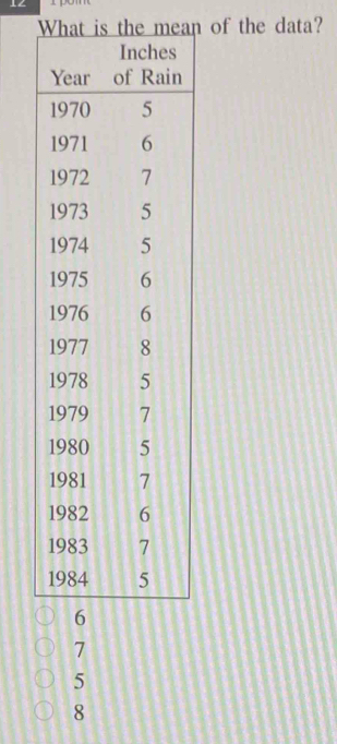 1∠
What is the mean of the data?
7
5
8