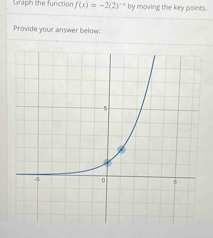 Graph the function f(x)=-2(2)^-x by moving the key points. 
Provide your answer below: