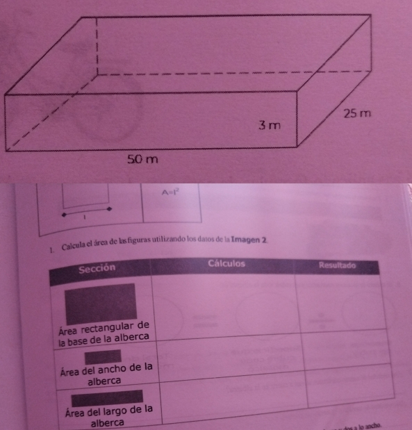 A=I^2
Calcula el área de lasfiguras utilizando los datos de la Imagen 2 
alberca 
tos a lo ancho.