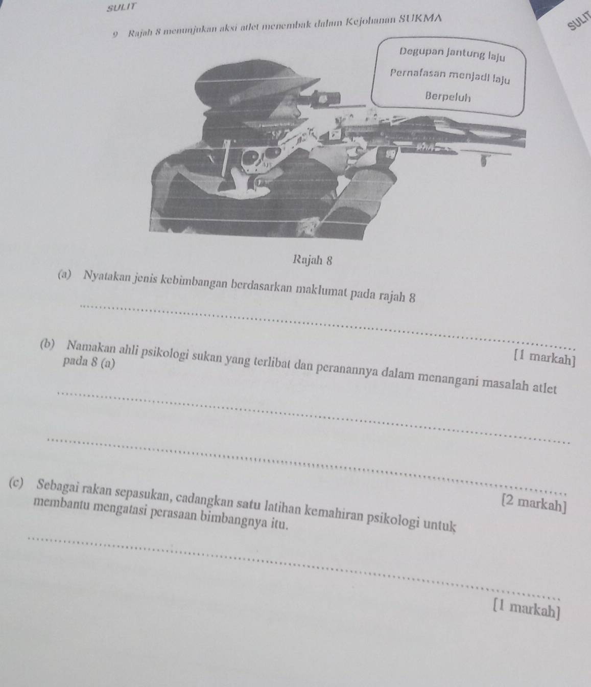 SULIT 
9 Rajah 8 menunjukan aksi atlet menembak dalam Kejohanan SUKMA 
SULIT 
Rajah 8 
_ 
(a) Nyatakan jenis kebimbangan berdasarkan maklumat pada rajah 8 
pada 8 (a) 
[1 markah] 
_ 
(b) Namakan ahli psikologi sukan yang terlibat dan peranannya dalam menangani masalah atlet 
_ 
[2 markah] 
_ 
(c) Sebagai rakan sepasukan, cadangkan satu latihan kemahiran psikologi untuk 
membantu mengatasi perasaan bimbangnya itu. 
[1 markah]