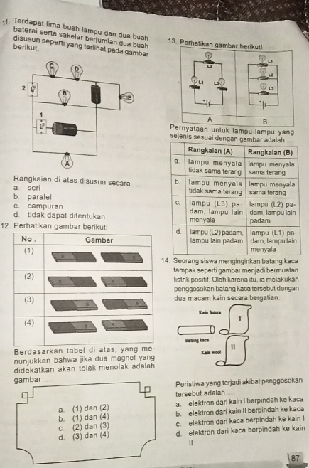 Terdapat lima buah lampu dan dua buah
baterai serta sakelar berjumlah dua buah
13. Perhatikan gambar berikut!
disusun seperti yang terlihat pada gambar
berikut.
L
L1
A B
Pernyataan untuk lampu-lampu yang
sejenis sesua
Rangkaian di atas disusun secara ....
a seri
b paralel
c. campuran
d. tidak dapat ditentukan 
12. Perhatikan gambar berikut!
4. Seorang siswa menginginkan batang kaca
tampak seperti gambar menjadi bermuatan
listrik positif. Oleh karena itu, ia melakukan
penggosokan balang kaca tersebut dengan
dua macam kain secara bergatian.
Kain Sotors
I
Datang kaca
Berdasarkan tabel di atas, yang Kain wool
nunjukkan bahwa jika dua magnef yang
didekatkan akan tolak-menolak adalah
gambar
Peristiwa yang terjadi akibat penggosokan
tersebut adalah
a. (1) dan (2) a. elektron dari kain I berpindah ke kaca
b. (1) dan (4) b. elektron dari kain II berpindah ke kaca
c. (2) dan (3) c. elektron dari kaca berpindah ke kain I
d. (3) dan (4) d. elektron dari kaca berpindah ke kain
1
87