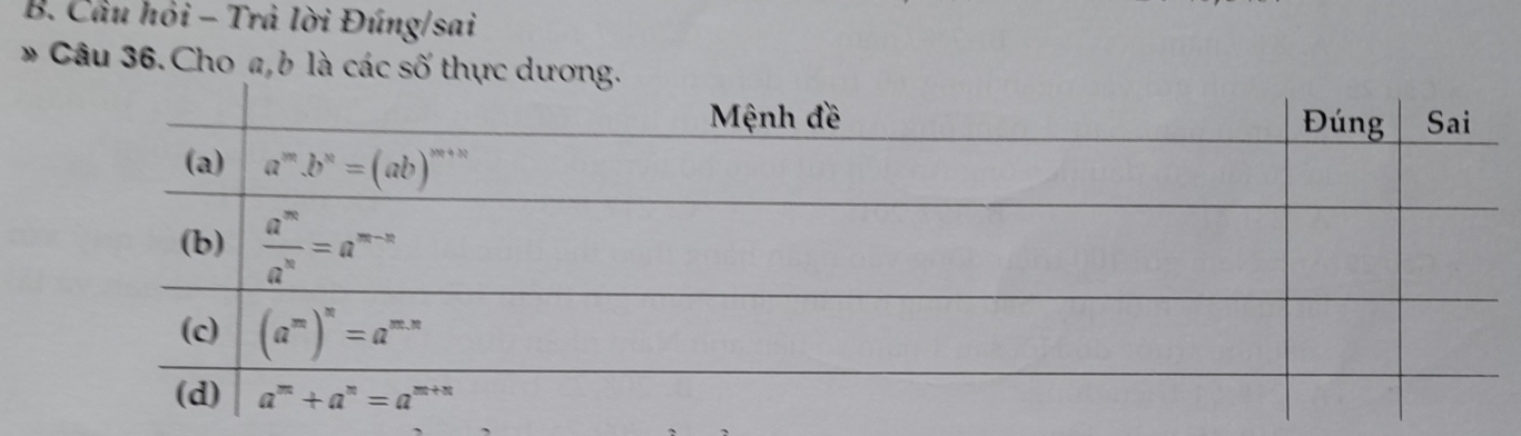 Câu hỏi - Trả lời Đúng/sai
* Câu 36. Cho a, b là các số thực dươn