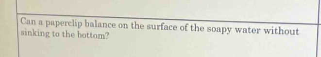 Can a paperclip balance on the surface of the soapy water without 
sinking to the bottom?