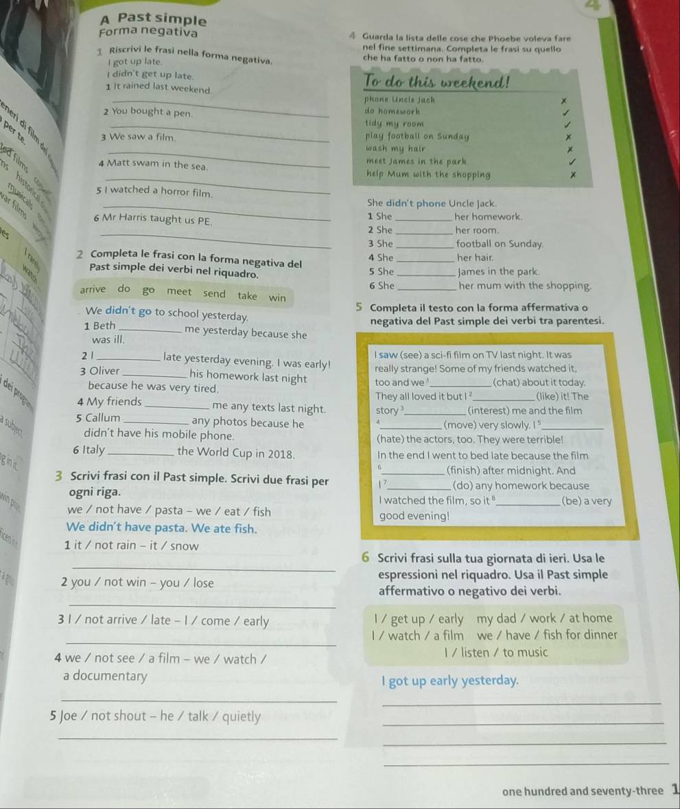 A Past simple
Forma negativa 4 Guarda la lista delle cose che Phoebe voleva fare
nel fine settimana. Completa le frasi su quello
1 Riscrivi le frasi nella forma negativa.
I got up late.
che ha fatto o non ha fatto.
I didn't get up late. 
1 It rained last weekend
_
2 You bought a pen. 
_
per te_
3 We saw a film. 
_
4 Matt swam in the sea. 
historic a z 3 musicals
5 I watched a horror film.
She didn't phone Uncle Jack.
r films 6 Mr Harris taught us PE.
1 She _her homework.
e
_2 She _her room.
3 She_ football on Sunday.
a 2 Completa le frasi con la forma negativa del 4 She_ her hair.
_
Past simple dei verbi nel riquadro. 5 She _James in the park.
_
6 She _her mum with the shopping.
_
arrive do go meet send take win
5 Completa il testo con la forma affermativa o
_
We didn't go to school yesterday.
1 Beth _negativa del Past simple dei verbi tra parentesi.
_
me yesterday because she
was ill.
_
I saw (see) a sci-fi film on TV last night. It was
2 1_ late yesterday evening. I was early! really strange! Some of my friends watched it,
3 Oliver _his homework last night too and we '_ (chat) about it today.
because he was very tired. _(like) it! The
dei progra 4 My friends_
They all loved it but I ?
me any texts last night.
5 Callum _story_ (interest) me and the film
any photos because he _(move) very slowly. I"_
didn't have his mobile phone. (hate) the actors, too. They were terrible!
6 Italy _the World Cup in 2018. In the end I went to bed late because the film
gima
(finish) after midnight. And
3 Scrivi frasi con il Past simple. Scrivi due frasi per 1 7_ (do) any homework because
ogni riga. I watched the film, so it
vn p _(be) a very
we / not have / pasta - we / eat / fish good evening!
We didn't have pasta. We ate fish.
s 1 it / not rain - it / snow
_
6 Scrivi frasi sulla tua giornata di ieri. Usa le
a go 2 you / not win - you / lose
espressioni nel riquadro. Usa il Past simple
_
affermativo o negativo dei verbi.
3 I / not arrive / late - I / come / early I / get up / early my dad / work / at home
_
l / watch / a film we / have / fish for dinner
4 we / not see / a film - we / watch / I / listen / to music
a documentary
I got up early yesterday.
_
_
5 Joe / not shout - he / talk / quietly_
_
_
_
one hundred and seventy-three 1