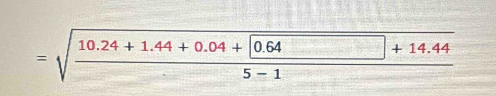 =sqrt(frac 10.24+1.44+0.04+0.64)5-1+14.445-1