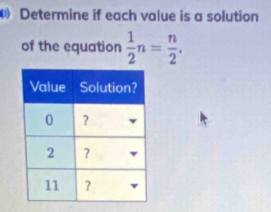 Determine if each value is a solution 
of the equation  1/2 n= n/2 .