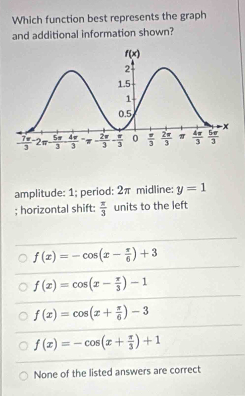 Which function best represents the graph
and additional information shown?
amplitude: 1; period: 2π midline: y=1; horizontal shift:  π /3  units to the left
f(x)=-cos (x- π /6 )+3
f(x)=cos (x- π /3 )-1
f(x)=cos (x+ π /6 )-3
f(x)=-cos (x+ π /3 )+1
None of the listed answers are correct