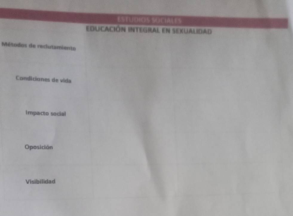 ESTUDIOS SOCIALES
educación integral en sexualidad
Métodos de reclutamiento
Condiciones de vida
Impacto social
Oposición
Visibilidad