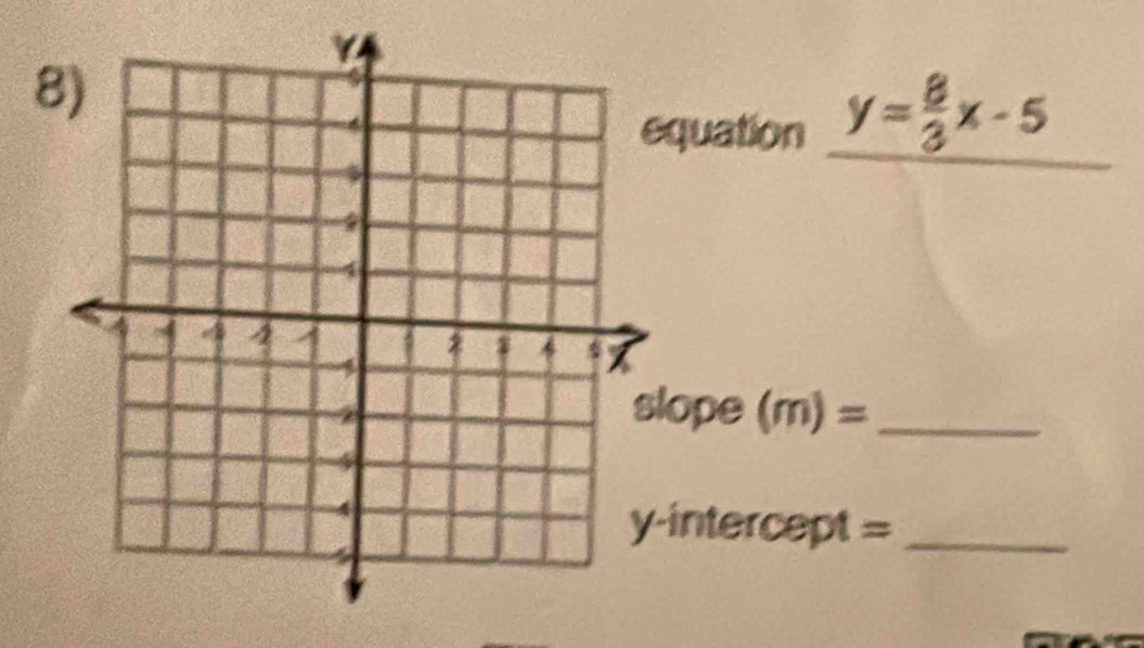 quation y= 8/3 x-5
ope (m)= _ 
intercept =_