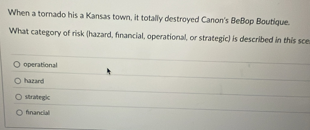 When a tornado his a Kansas town, it totally destroyed Canon's BeBop Boutique.
What category of risk (hazard, fnancial, operational, or strategic) is described in this sce
operational
hazard
strategic
financial