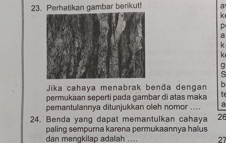 Perhatikan gambar berikut! a
k
p
a
k
k
g
s
Jika cahaya menabrak benda dengan b
permukaan seperti pada gambar di atas maka te 
pemantulannya ditunjukkan oleh nomor .... a 
24. Benda yang dapat memantulkan cahaya 26
paling sempurna karena permukaannya halus 
dan mengkilap adalah .... 27