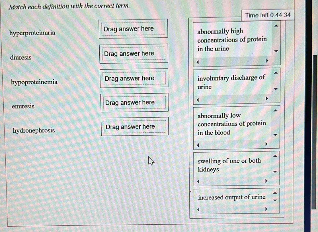 Match each definition with the correct term.
Time left 0^(·) 44:34
Drag answer here
hyperproteinuria abnormally high
concentrations of protein
in the urine
diuresis
Drag answer here
Drag answer here
hypoproteinemia involuntary discharge of
urine
enuresis Drag answer here
abnormally low
hydronephrosis
Drag answer here concentrations of protein
in the blood
swelling of one or both
kidneys
increased output of urine
4