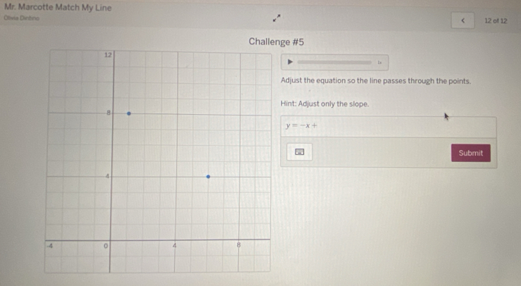 Mr. Marcotte Match My Line 
Otivia Dintins 12 of 12 
< 
ge #5 
1 
Adjust the equation so the line passes through the points. 
Hint: Adjust only the slope.
y=-x+
Submit