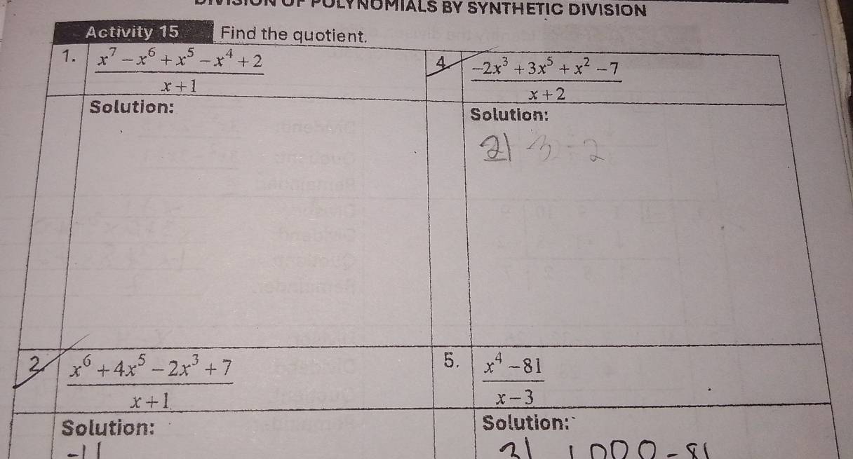 PULYNOMIALS BY SYNTHETIC DIVISION