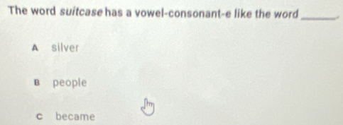 The word suitcase has a vowel-consonant-e like the word_
A silver
B people
c became