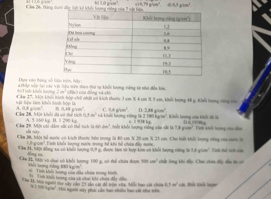 a) 13,6g/cm^3. b) 1,0g/cm^3. c) 0,79g/cm^3. d) 0,5g/cm^3.
Câu 26. Bảng dưới đây liệt kê khối 
Dựa vào bảng số liệu trên, hãy:
a)Sắp xếp lại các vật liệu trên theo thứ tự khổi lượng riêng từ nhỏ đến lớn.
b)Tính khối lượng 2m^3 (đặc) của đồng và chì.
Câu 27. Một khối hình hộp chữ nhật có kích thước 3cm* 4cm* 5cr , khối lượng 48 g. Khổi lượng rững của
vật liệu làm khối hình hộp là
A. 0.8g/cm^3. B. 0,48g/cm^3. C. 0.6g/cm^3. D. 2,88g/cm^3.
Câu 28. Một khối đá có thể tích 0.5m^3 và khối lượng riêng là 2580kg/m^3 Khối lượng của khổi đã là
A. 5 160 kg. B. 1 290 kg. c. 1 938 kg. D.0,1938kg
Câu 29. Một cái dầm sắt có thể tích là 60dm^3 , biết khối lượng riêng của sắt là 7.8g/cm^3. Tính khổi lượng của dầm
sắt này.
Câu 30. Một bể nước có kích thước bên trong là 80cm* 20cm* 25cm 1. Cho biết khổi lượng riếng của nước l
1,0g/cm^3 *Tính khối lượng nước trong bế khi bể chứa đầy nước.
Câu 31. Một đồng xu có khổi lượng 0,9 g, được làm từ hợp kim có khổi lượng riêng là 5.6g/cm^3 Tính thể tích sửa
đồng xu.
Câu 32. Một vỏ chai có khổi lượng 100 g, có thể chứa được 500cm^3 chất lóng khi đây. Chai chứu dầy dầu ăn số
khối lượng riêng 880kg/m^3.
a) Tính khối lượng của dầu chứa trong bình.
b) Tính khối lượng của cả chai khi chứa đảy đầu.
Câu 33. Một người thợ xây cản 25 tân cát để trộn vữa. Mỗi bao cát chứa 0.5m^3cit Bit khết hạn
là 2500kg/m^3. Hỏi người này phải cần bao nhiều bao cát như trên.