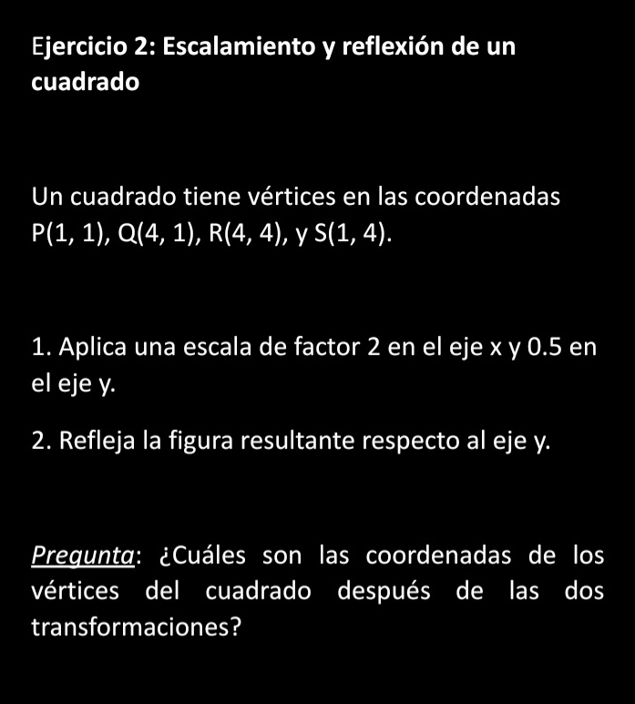 Escalamiento y reflexión de un 
cuadrado 
Un cuadrado tiene vértices en las coordenadas
P(1,1), Q(4,1), R(4,4) , y S(1,4). 
1. Aplica una escala de factor 2 en el eje x y 0.5 en 
el eje y. 
2. Refleja la figura resultante respecto al eje y. 
Pregunta: ¿Cuáles son las coordenadas de los 
vértices del cuadrado después de las dos 
transformaciones?