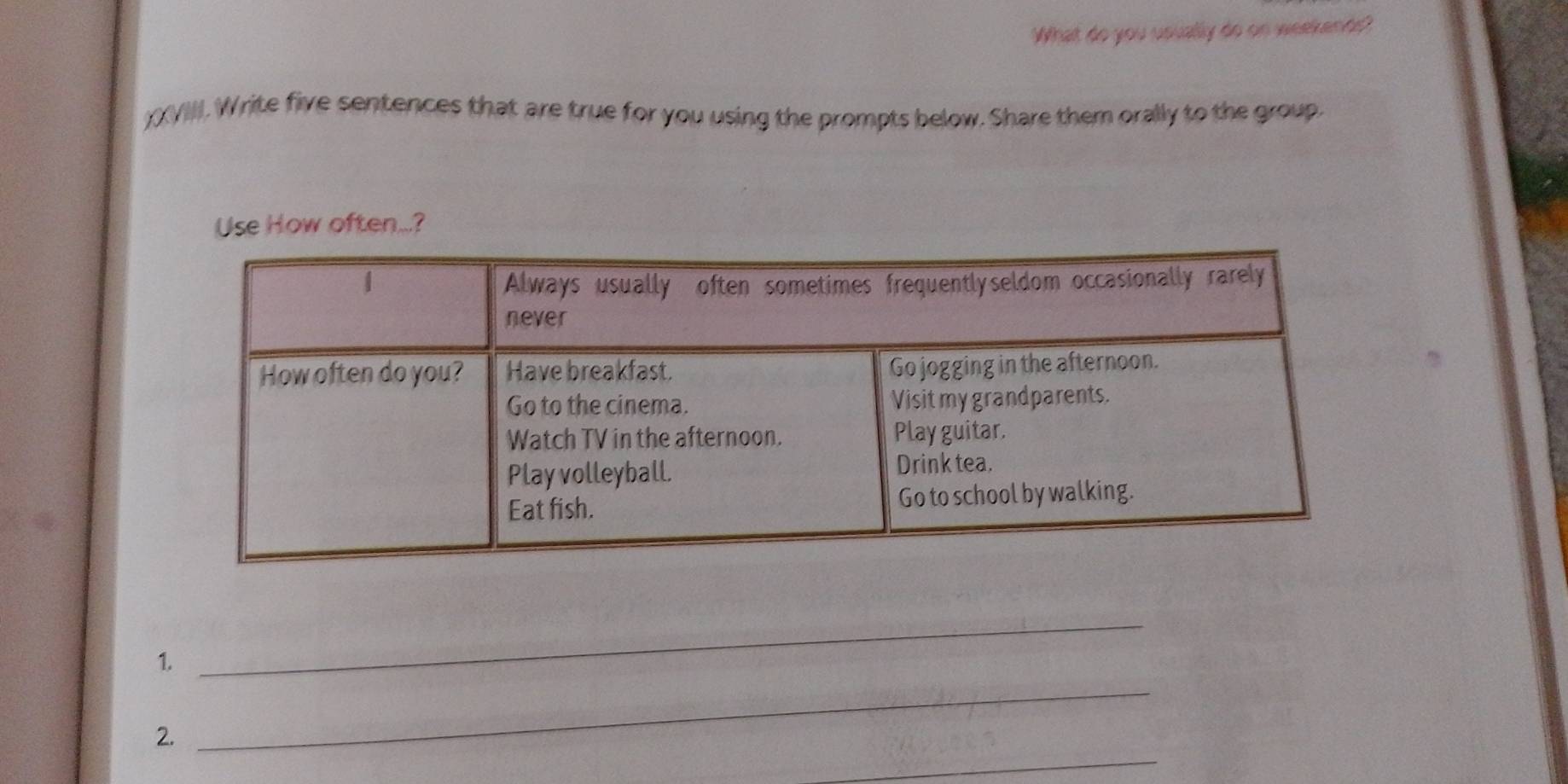 What do you usually do on weekente? 
)XVIII. Write five sentences that are true for you using the prompts below. Share them orally to the group. 
Use How often...? 
_ 
_ 
1. 
_ 
2.