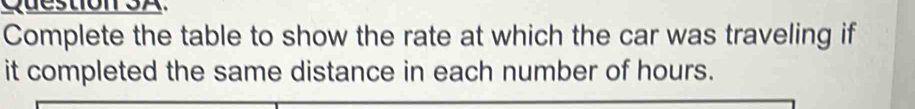 Complete the table to show the rate at which the car was traveling if 
it completed the same distance in each number of hours.