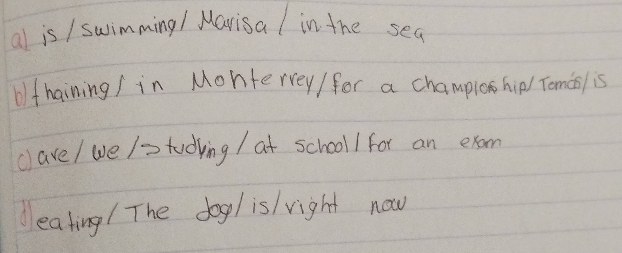 al is / swimming/ Marisa / in the sea 
olf haining/ in Montervey/ for a champlohip/ Tomas) is 
cave/ we /=todving / at schooll for an exam 
eating ( The dog/ is/ right now