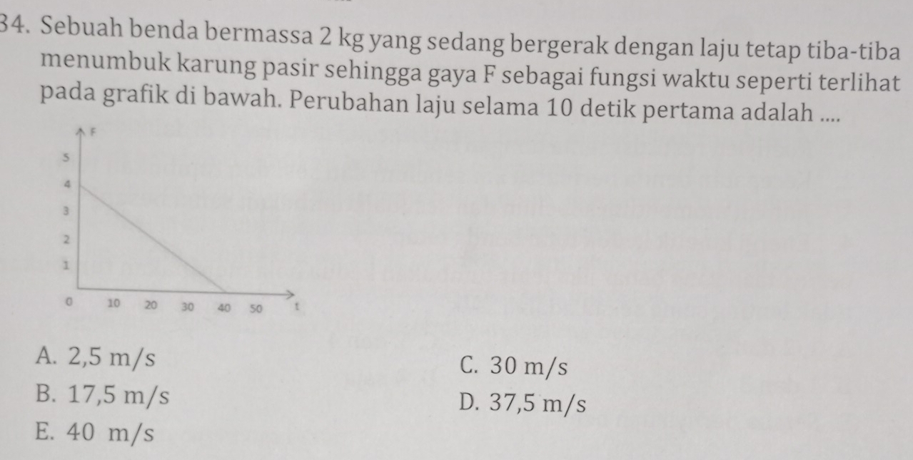 Sebuah benda bermassa 2 kg yang sedang bergerak dengan laju tetap tiba-tiba
menumbuk karung pasir sehingga gaya F sebagai fungsi waktu seperti terlihat
pada grafik di bawah. Perubahan laju selama 10 detik pertama adalah ....
A. 2,5 m/s C. 30 m/s
B. 17,5 m/s D. 37,5 m/s
E. 40 m/s