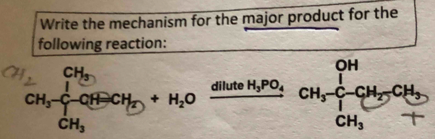 Write the mechanism for the major product for the 
following reaction:
beginarrayr CH_3 CH_2endarray CH_2+H_2_CH_3+H_2 Oxrightarrow dluteH_3PO_4CH_3-CH_3CH_3+