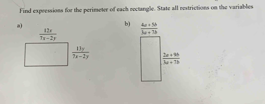 Find expressions for the perimeter of each rectangle. State all restrictions on the variables
b)