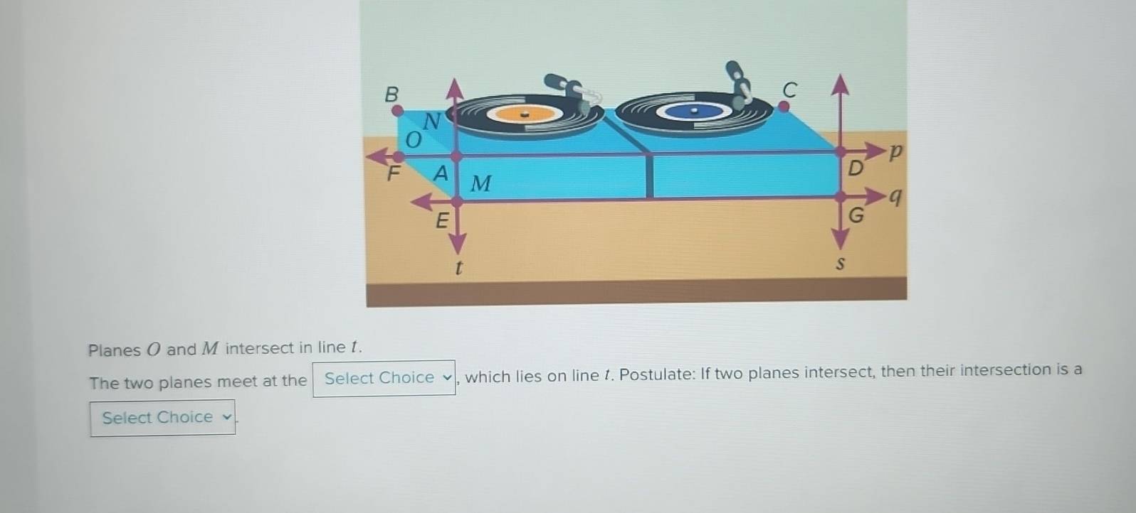 Planes 0 and M intersect in line 1. 
The two planes meet at the Select Choice , which lies on line 1. Postulate: If two planes intersect, then their intersection is a 
Select Choice