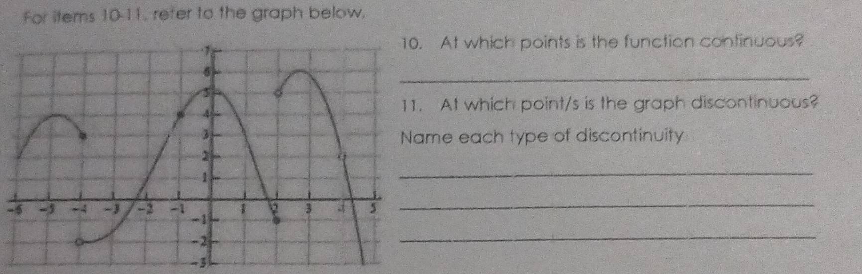 for items 10-11. refer to the graph below. 
At which points is the function continuous? 
_ 
At which point/s is the graph discontinuous? 
e each type of discontinuity 
_
-5
_
-3