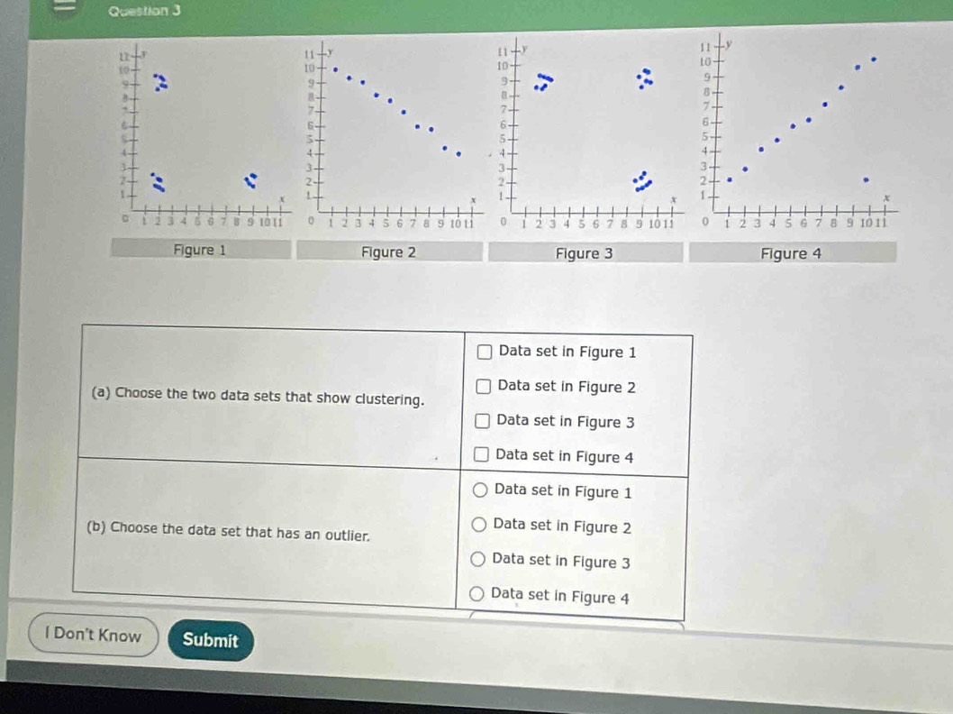 11
11
11 y
11
10
10
10
L0
9
9
9
9
8
7
7
7
6
6
6

5
5
5
4
4
4
4
3 -
3
3
2 2 - 2 -
2 -
1
x 1.
x 1.
x
。 1 2 j 4 5 6 1 9 10 1í 。 1 i 3 4 5 6 7 8 9 tó tí 0 1 2 3 4 5 6 7 8 9 10 1 1 0 1 2 3 4 s 6 7 8 s 1ò 1ì
Figure 1 Figure 2 Figure 3 Figure 4
Data set in Figure 1
Data set in Figure 2
(a) Choose the two data sets that show clustering.
Data set in Figure 3
Data set in Figure 4
Data set in Figure 1
Data set in Figure 2
(b) Choose the data set that has an outlier.
Data set in Figure 3
Data set in Figure 4
l Don't Know Submit