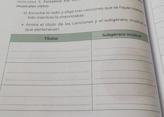 Actividad 3. Fortalece tus 
for 
musicales vistos. 
a) Escucha la radio y elige tres canciones que se hayan transm 
tido mientras la sintonizabas. 
Anota el título de las canciones y el subgénero musical