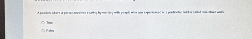 A position where a person receives training by working with people who are experienced in a particular field is called volunteer work.
True
False