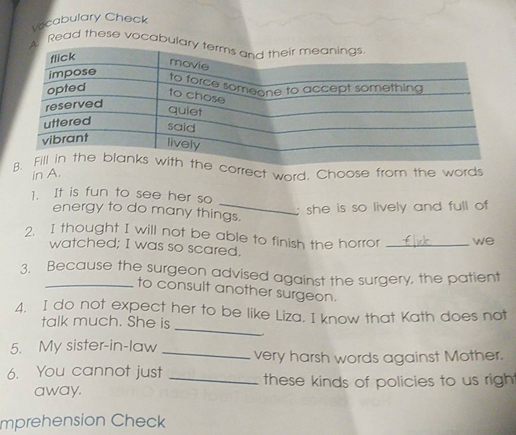 Vocabulary Check 
Read these vocab 
correct word. Choose from the words 
in A. 
1. It is fun to see her so 
_;she is so lively and full of 
energy to do many things. 
2. I thought I will not be able to finish the horror_ 
we 
watched; I was so scared. 
3. Because the surgeon advised against the surgery, the patient 
to consult another surgeon. 
_ 
4. I do not expect her to be like Liza. I know that Kath does not 
talk much. She is 
5. My sister-in-law_ 
very harsh words against Mother. 
6. You cannot just_ 
these kinds of policies to us righ 
away. 
mprehension Check
