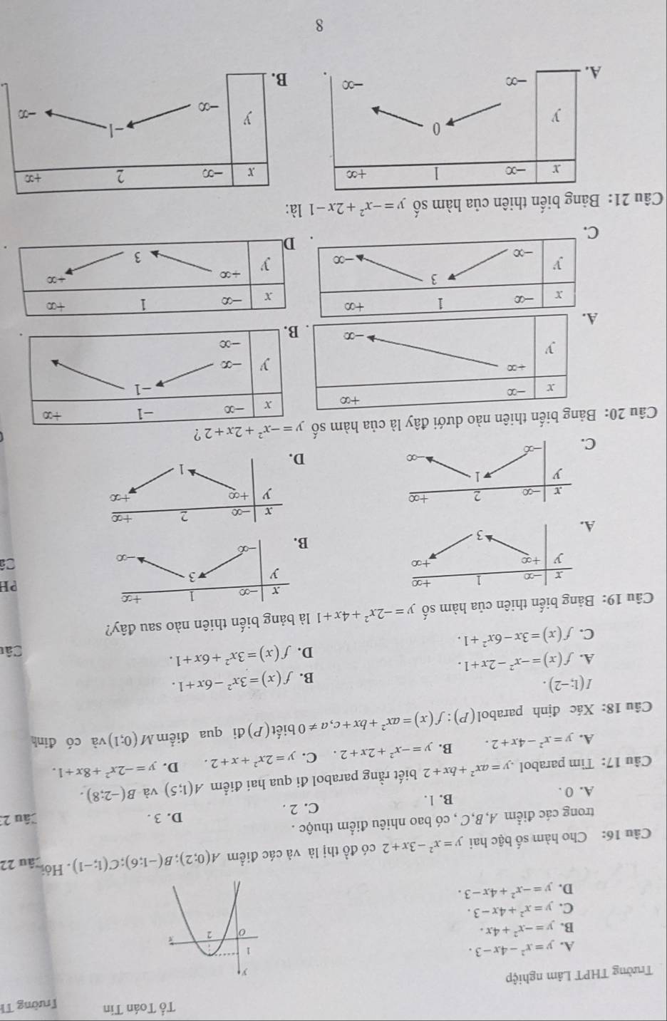 Tổ Toán Tin Trường T1
Trường THPT Lâm nghiệp
A. y=x^2-4x-3.
B. y=-x^2+4x.
C. y=x^2+4x-3.
D. y=-x^2+4x-3.
Câu 16: Cho hàm số bậc hai y=x^2-3x+2 có đồ thị là và các điểm A(0;2);B(-1;6);C(1;-1). Hoiâu 22
trong các điểm A,B,C , có bao nhiêu điểm thuộc .
D. 3 . Câu 23
A. 0 . B. 1. C. 2 .
Câu 17: Tìm parabol y=ax^2+bx+2 biết rằng parabol đi qua hai điểm A(1;5) và B(-2;8).
A. y=x^2-4x+2. B. y=-x^2+2x+2. C. y=2x^2+x+2. D. y=-2x^2+8x+1.
Câu 18: Xác định parabol (P):f(x)=ax^2+bx+c,a!= 0 biết(P)đi qua điểm M(0;1) và có đinh
I(1;-2).
B. f(x)=3x^2-6x+1.
A. f(x)=-x^2-2x+1. f(x)=3x^2+6x+1.
D. Câu
C. f(x)=3x-6x^2+1.
Câu 19: Bảng biến thiên của hàm số y=-2x^2+4x+1 là bảng biến thiên nào sau đây?
x -∞ 1 +∞ 
PH
y +∞
+∞
Câ
A.
3
x -∞ 2 +∞
y +∈fty
-alpha 2 +∞ +∞
y 1
1
-∞
D.
C. -∞
Câu 20: Bảng biến thiên nào dưới đây là của hàm số ?
+∞
x -∞
+∞
y
-∞
 
C.
Câu 21: Bảng biến thiên của hàm số y=-x^2+2x-1 là:
8