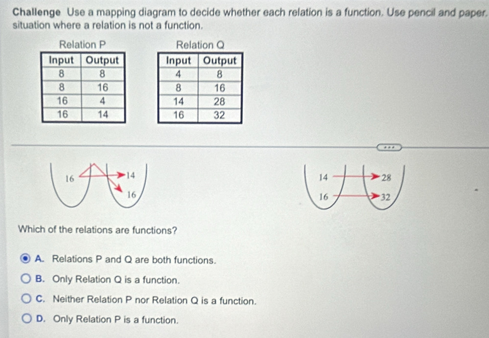 Challenge Use a mapping diagram to decide whether each relation is a function. Use pencil and paper.
situation where a relation is not a function.






Which of the relations are functions?
A. Relations P and Q are both functions.
B. Only Relation Q is a function.
C. Neither Relation P nor Relation Q is a function.
D. Only Relation P is a function.