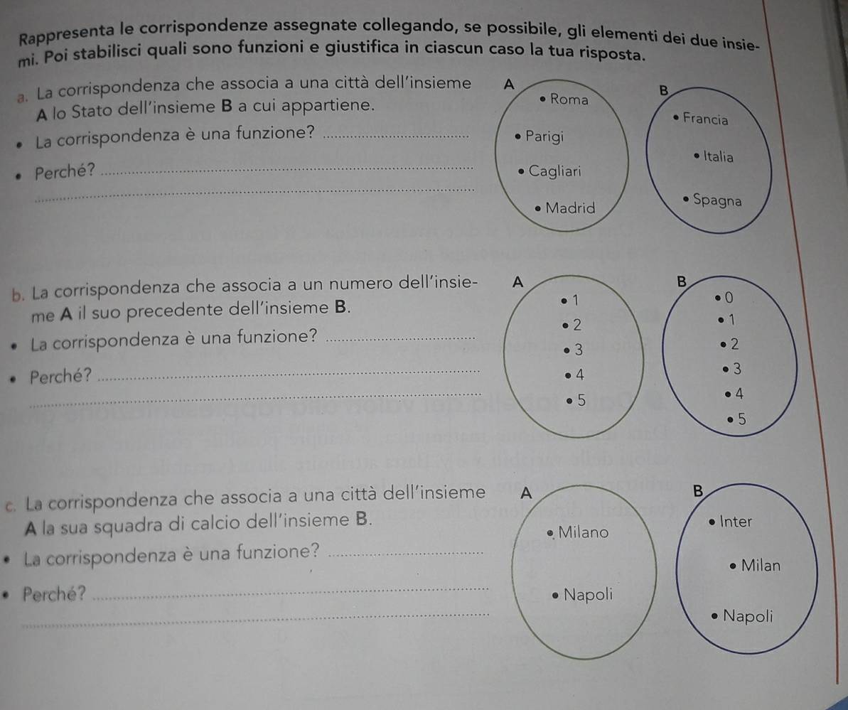 Rappresenta le corrispondenze assegnate collegando, se possibile, gli elementi dei due insie-
mi. Poi stabilisci quali sono funzioni e giustifica in ciascun caso la tua risposta.
a. La corrispondenza che associa a una città dell’insieme A
Roma B
A lo Stato dell’insieme B a cui appartiene.
Francia
La corrispondenza è una funzione?_
Parigi
Italia
_
Perché? _Cagliari
Madrid
Spagna
b. La corrispondenza che associa a un numero dell’insie-
B
me A il suo precedente dell’insieme B.
0
La corrispondenza è una funzione? _ 1
2
_
Perché? _
3
4
5
c. La corrispondenza che associa a una città dell'insieme A
B
A la sua squadra di calcio dell’insieme B. Inter
Milano
La corrispondenza è una funzione?_
Milan
_
_
Perché? Napoli
Napoli