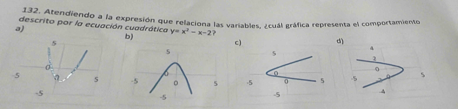 132, Atendiendo a la expresión que relaciona las variables, ¿cuál gráfica representa el comportamiento
descrito por la ecuación cuadrática y=x^2-x-2 ?
a)
b)
c)
d)
5
0
-5 0 5
-5