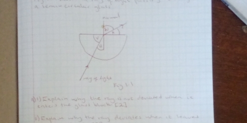 a semincircaler glads
Fey1.1
1 Explain why the ray th ave devsated when it
cnters the glaas bluck [2]
() Explas in why the vey deviades when it leaved