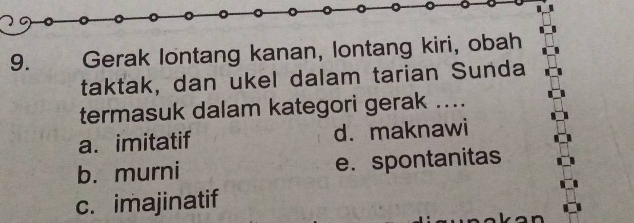 Gerak lontang kanan, lontang kiri, obah
taktak, dan ukel dalam tarian Sunda
termasuk dalam kategori gerak ....
a. imitatif d. maknawi
b. murni e. spontanitas
c. imajinatif