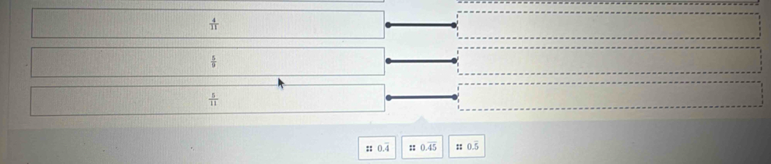  4/11 
 5/9 
 5/11 
:: 0.overline 4 :: 0.overline 45 :: 0.5