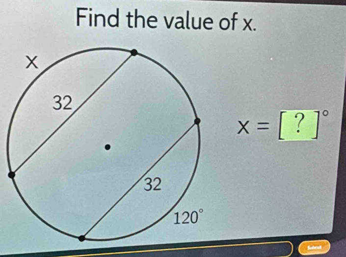 Find the value of x.
x=[?]^circ 
Subrut