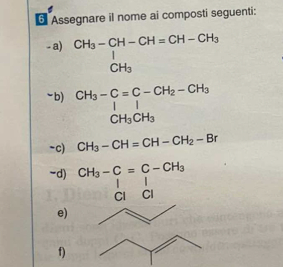 Assegnare il nome ai composti seguenti: 
- a) beginarrayr CH_3-CH-CH=CH-CH_3 ^I CH_3endarray
~b) beginarrayr CH_3-C=C-CH_2-CH_3 |H_3CH_3endarray
-c) CH_3-CH=CH-CH_2-Br
~d) CH_3-C=C-CH_3
Cl Cl 
e) 
f)