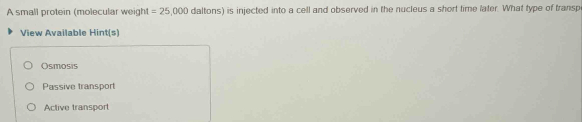 A small protein (molecular weight =25,000 daltons) is injected into a cell and observed in the nucleus a short time later. What type of transp
View Available Hint(s)
Osmosis
Passive transport
Active transport