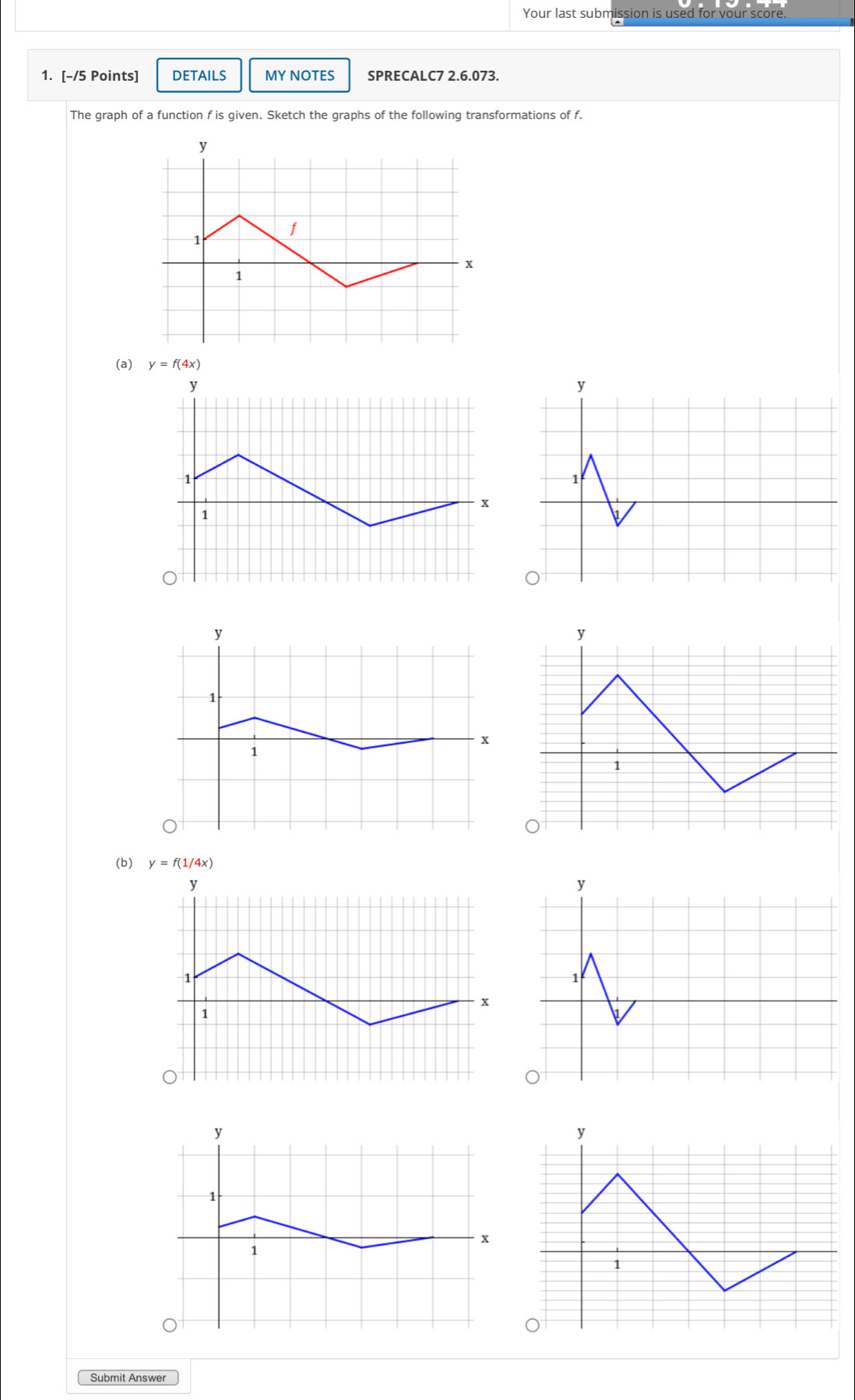 Your last submission is used for vour score.
1. [-/5 Points] DETAILS MY NOTES SPRECALC7 2.6.073.
The graph of a function f is given. Sketch the graphs of the following transformations of f.
(a) 
(b) 
Submit Answer