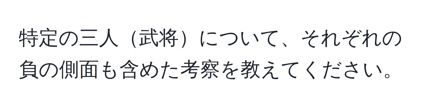 特定の三人武将について、それぞれの負の側面も含めた考察を教えてください。