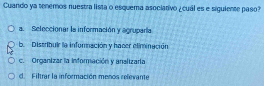 Cuando ya tenemos nuestra lista o esquema asociativo ¿cuál es e siguiente paso?
a. Seleccionar la información y agruparla
b. Distribuir la información y hacer eliminación
c. Organizar la información y analizarla
d. Filtrar la información menos relevante