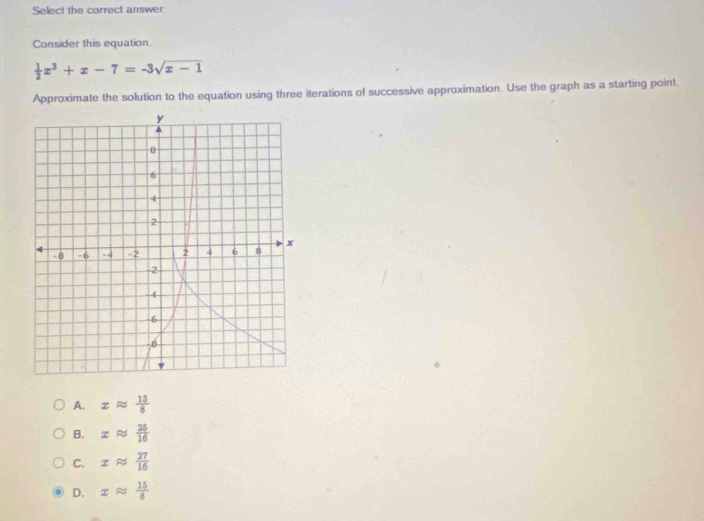 Select the correct answer.
Consider this equation.
 1/2 x^3+x-7=-3sqrt(x-1)
Approximate the solution to the equation using three iterations of successive approximation. Use the graph as a starting point.
A. xapprox  13/8 
B. xapprox  25/16 
C. xapprox  27/16 
D. xapprox  15/8 