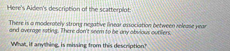 Here's Aiden's description of the scatterplot: 
There is a moderately strong negative linear association between release year
and average rating. There don't seem to be any obvious outliers. 
What, if anything, is missing from this description?